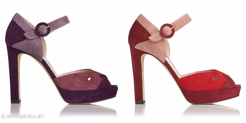 Замшевые туфли коллекции L.K. Bennett лето-2017 - фиолетовые и красные босоножки колор блок на высоком каблуке