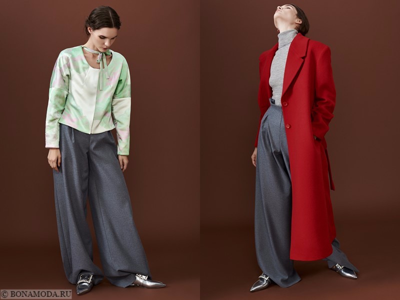 Лукбук коллекции osome2some осень-зима 2017-2018 - широкие серые брюки с шелковым жакетом и красным пальтои 
