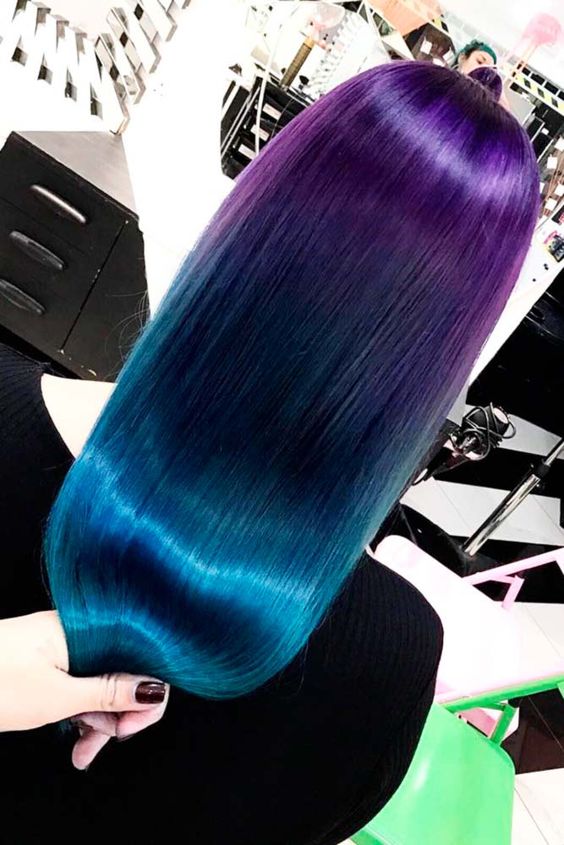 Фиолетовые волосы - омбре с переходом к бирюзовому 