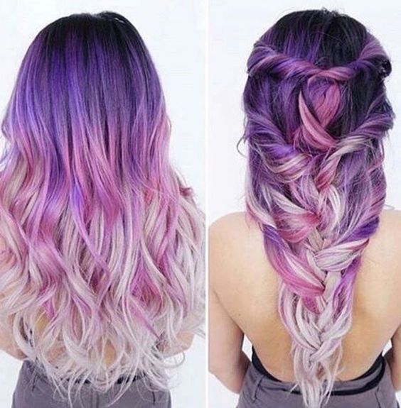 Фиолетовые волосы - длинное омбре с пляжными локонами 