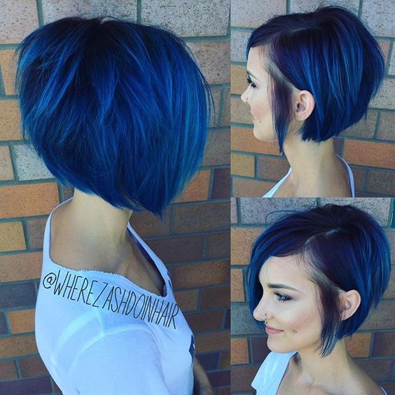 Синие волосы - асимметричное каре с длинной чёлкой