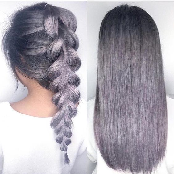 Сиреневые и лиловые волосы: серо-сиреневая коса и прямые волосы