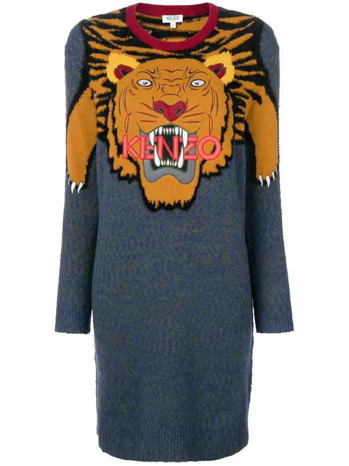 Тёплые вязаные платья-свитер 2018 - серое с принтом головой тигра 