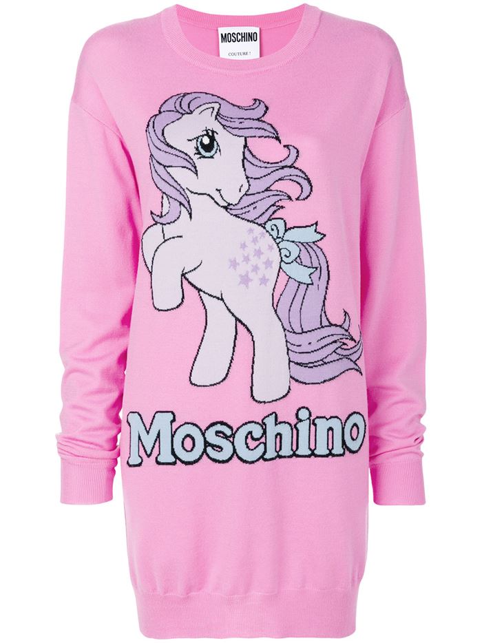 Тёплые вязаные платья-свитер 2018 - ярко-розовое с принтом пони