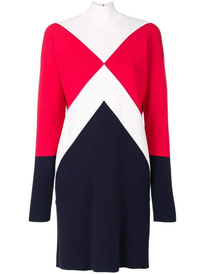 Тёплые вязаные платья-свитер 2018 - черно-красно-синее колор блок в спортивном стиле