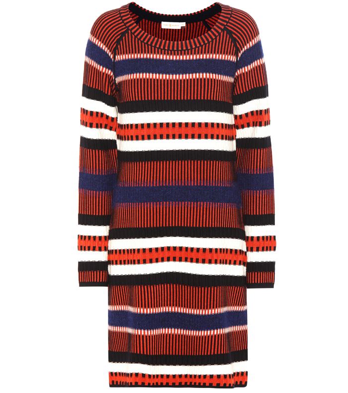 Тёплые вязаные платья-свитер 2018 - круглый воротник и горизонтальная полоска