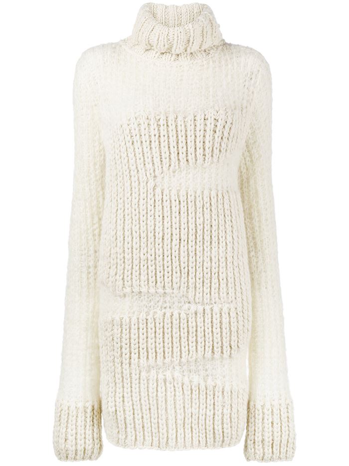 Тёплые вязаные платья-свитер 2018 - белый, объёмной вязки с высоким воротом