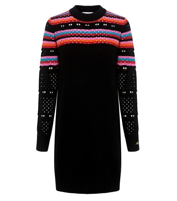 Тёплые вязаные платья-свитер 2018 - чрное с яркими полосками и перфорированными рукавами