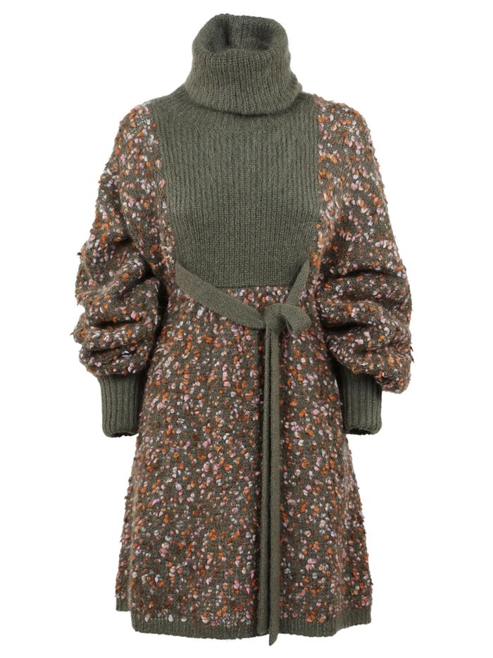 Тёплые вязаные платья-свитер 2018 - коричневое-хаки приталенное и с поясом