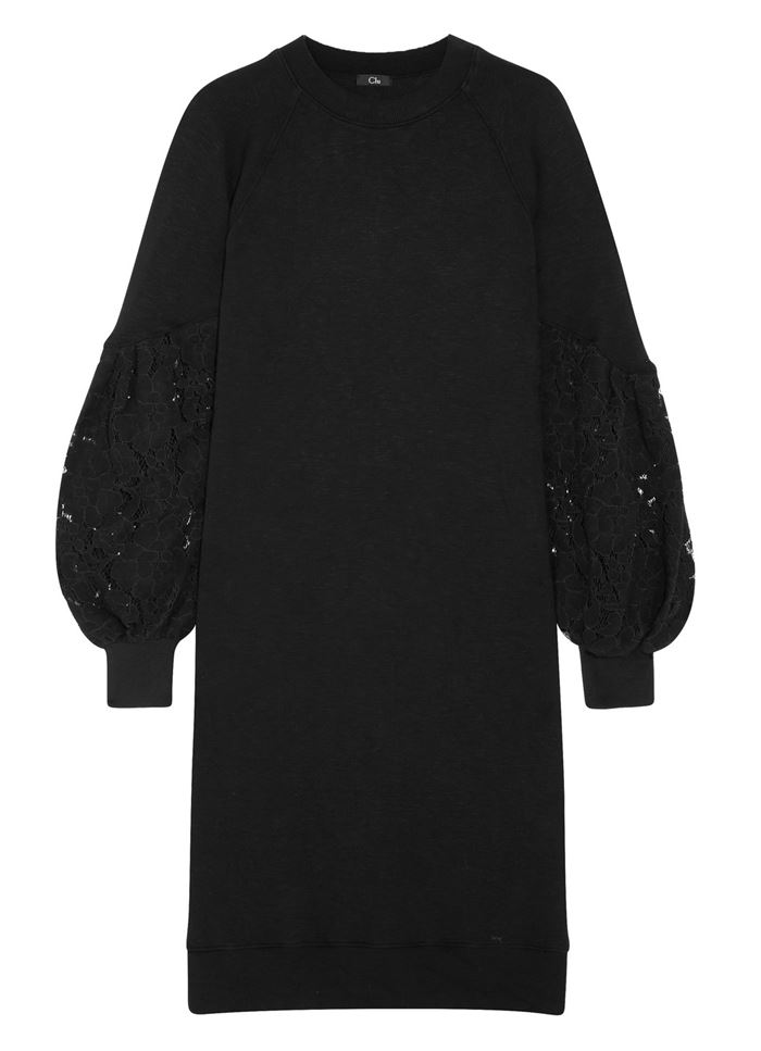 Тёплые вязаные платья-свитер 2018 - чёрное с пышными кружевными рукавами