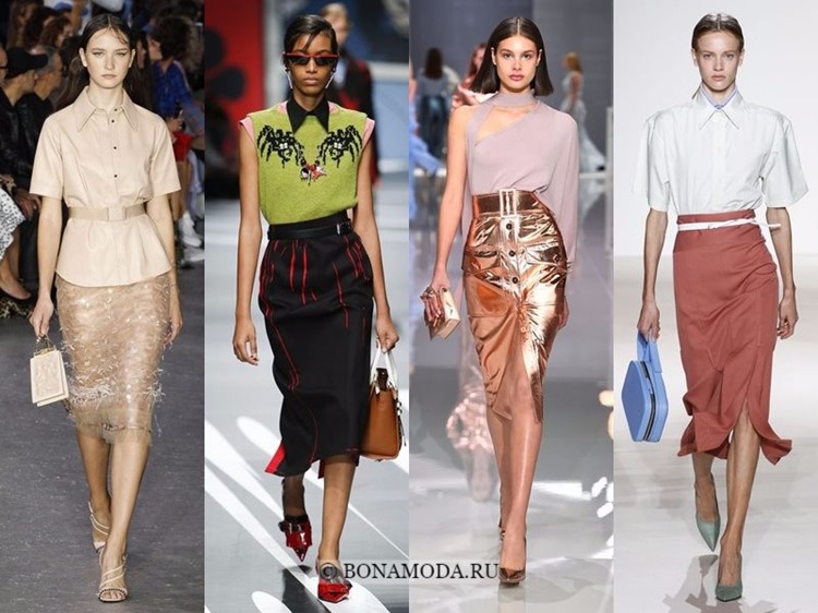 Весна-лето 2018: тенденции женской моды в одежде - юбки-карандаш миди с блузками 