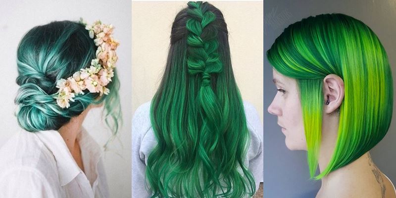 Зелёные волосы - фото коллаж девушек с разными оттенками