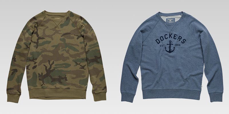 Коллекция мужской одежды Dockers осень-зима 2017-2018 - лонгсливы хаки с защитным принтом и серо-синий