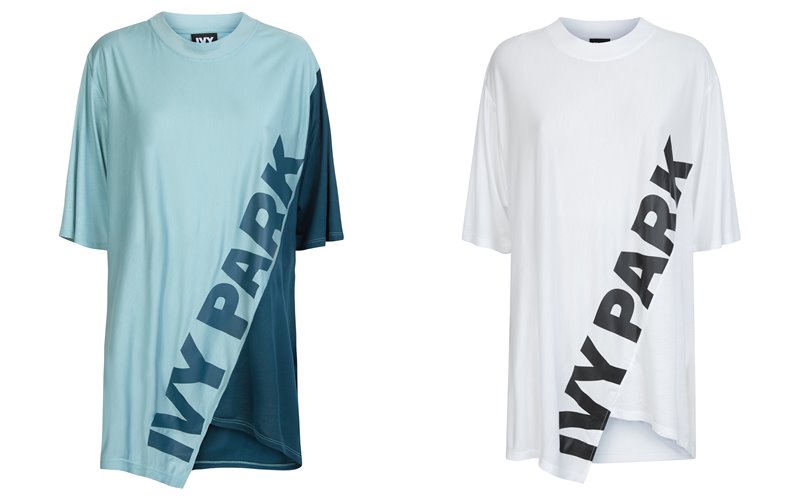 Коллекция Ivy Park осень-зима 2017-2018 - бирюзовая и белая асимметричная футболка 