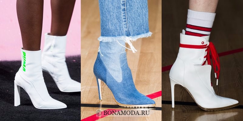 Модная женская обувь весна-лето 2018 - белые и синие джинсовые ботильоны с острым мыском