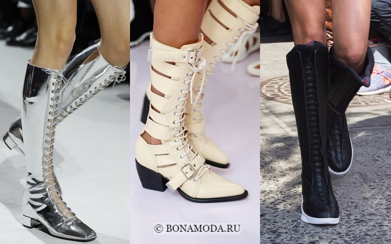 Модная женская обувь весна-лето 2018 - высокие сапоги на шнуровке