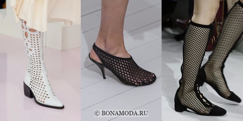 Модная женская обувь весна-лето 2018 - белые и черные сапоги с сеткой-перфорацией