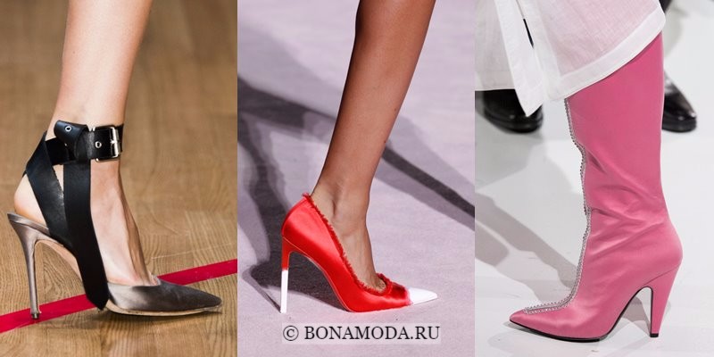 Модная женская обувь весна-лето 2018 - атласные туфли и сапоги с острым мыском
