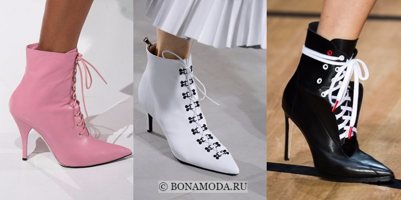 Модная женская обувь весна-лето 2018 - полусапожки на шнуровке с острым мыском и на шпильке