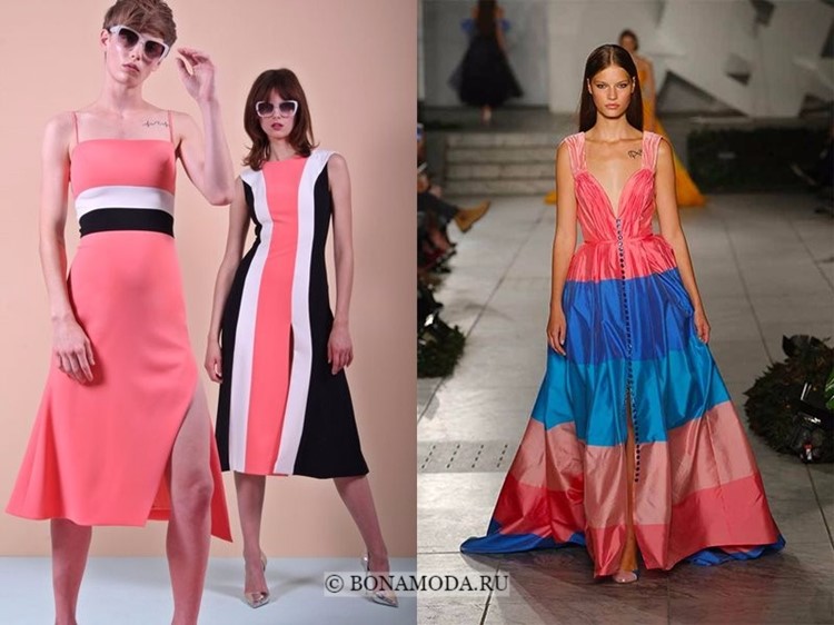 Модные платья весна-лето 2018: тенденции - яркие розово-коралловые с эффектом колор блок