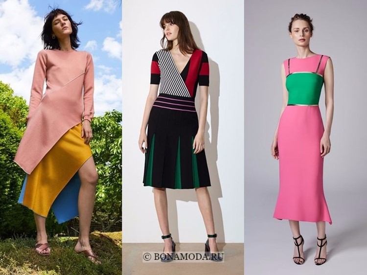 Модные платья весна-лето 2018: тенденции - яркие ниже колена с эффектом колор блок