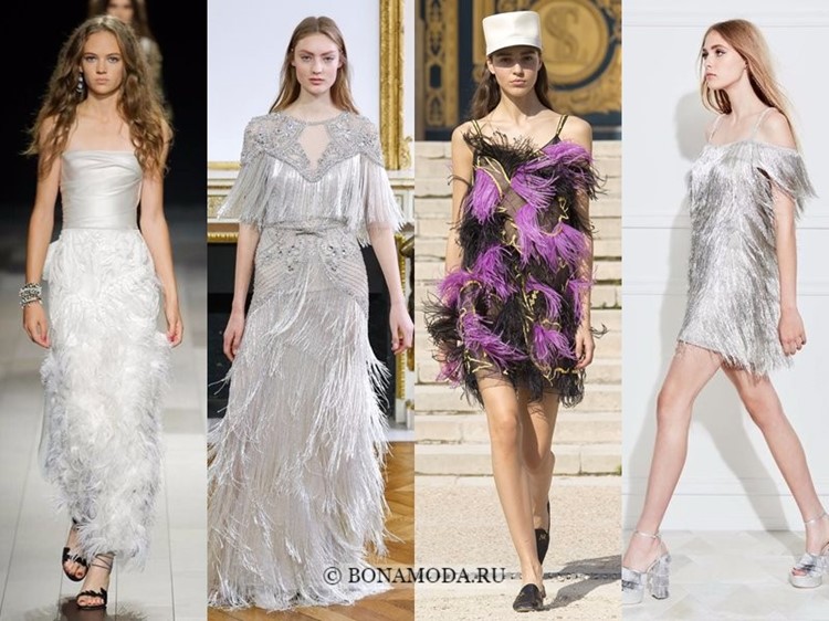 Модные платья весна-лето 2018: тенденции - серебристые блестящие с бахромой и перьями