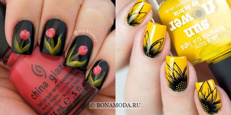 Модный маникюр 2018: тенденции - черные ногти с тюльпанами и желтые с подсолнухами