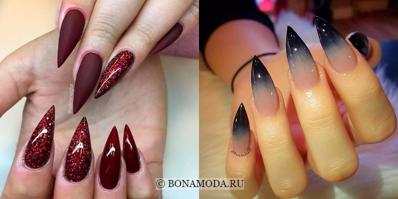 Модный маникюр 2018: тенденции - острые ногти с бордовом матовом и глянцевом и черно-розовом омбре 