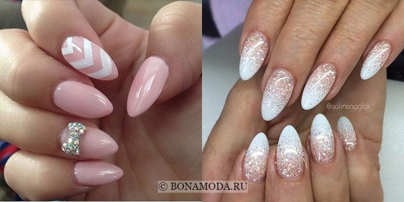 Модный маникюр 2018: тенденции -бело-розовые миндалевидные овальные ногти с блестками