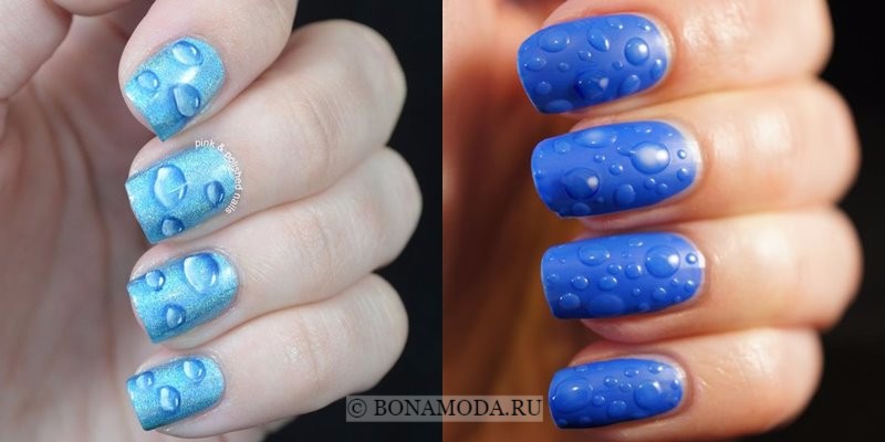 Модный маникюр 2018: тенденции - голубой лак для ногтей с каплями 
