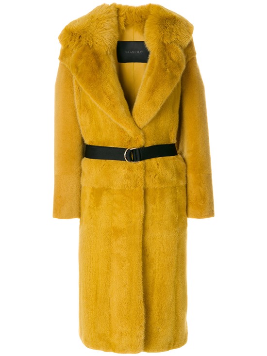 Меховое горчичное пальто с ремешком Blancha