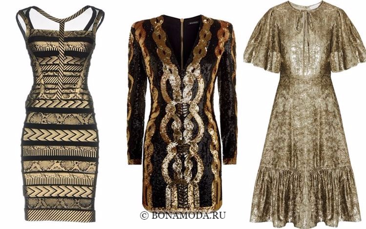 Модные коктейльные платья 2018 - тёмно-золотые с черным
