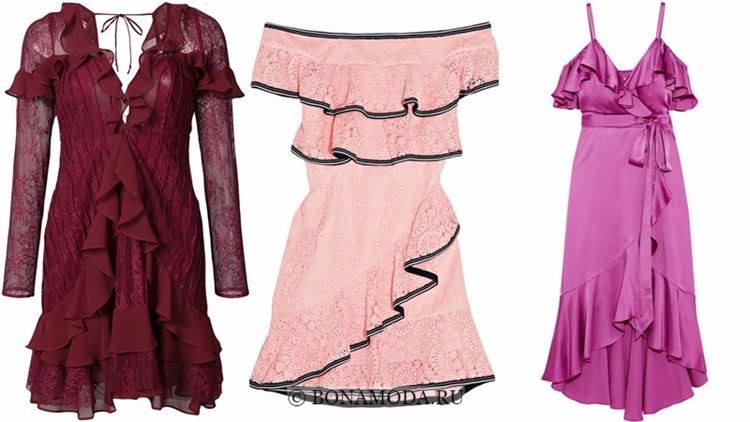 Модные коктейльные платья 2018 - бордовые и розовые с оборками, кружевные и шёлковые