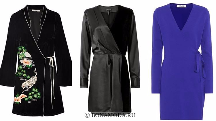 Модные коктейльные платья 2018 - черные и синие платья-халат с запахом и длинным рукавом