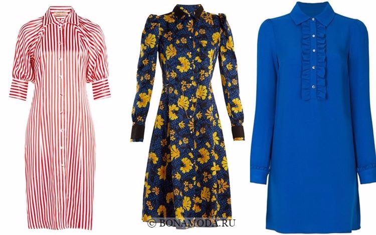 Модные коктейльные платья 2018 -  платья-рубашки - в полоску, с цветочным принтом и синее