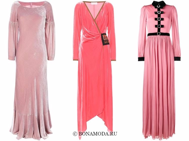 Модные вечерние платья 2018 - бархатные розовые с длинными рукавами