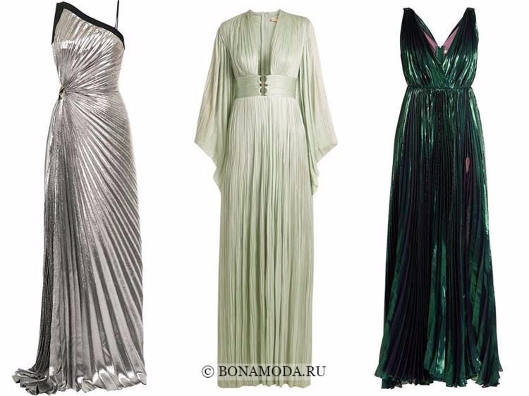 Модные вечерние платья 2018 - блестящие плиссированные серебристые и зеленые