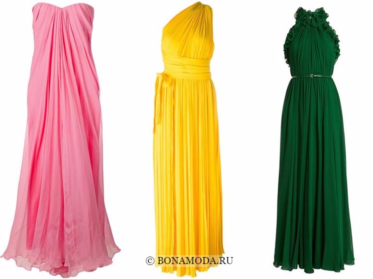 Модные вечерние платья 2018 - розовое, желтое и зеленое плиссированное