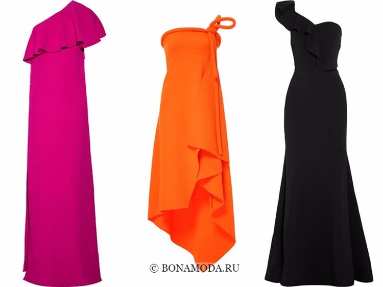 Модные вечерние платья 2018 - малиновое, оранжевое и черное на одно плечо