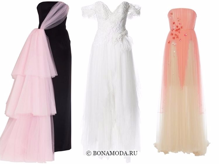 Модные вечерние платья 2018 - черно-розовое, белое и оранжевое с тюлевой юбкой