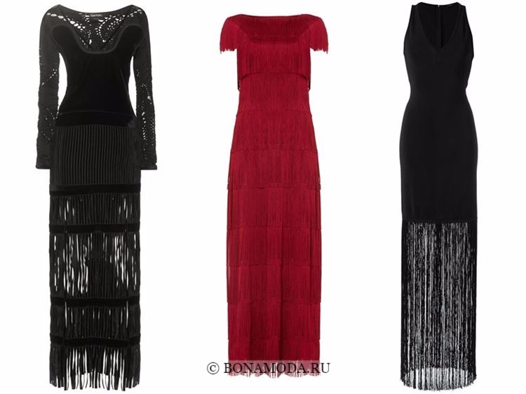 Модные вечерние платья 2018 - черные и красные с длинной бахромой