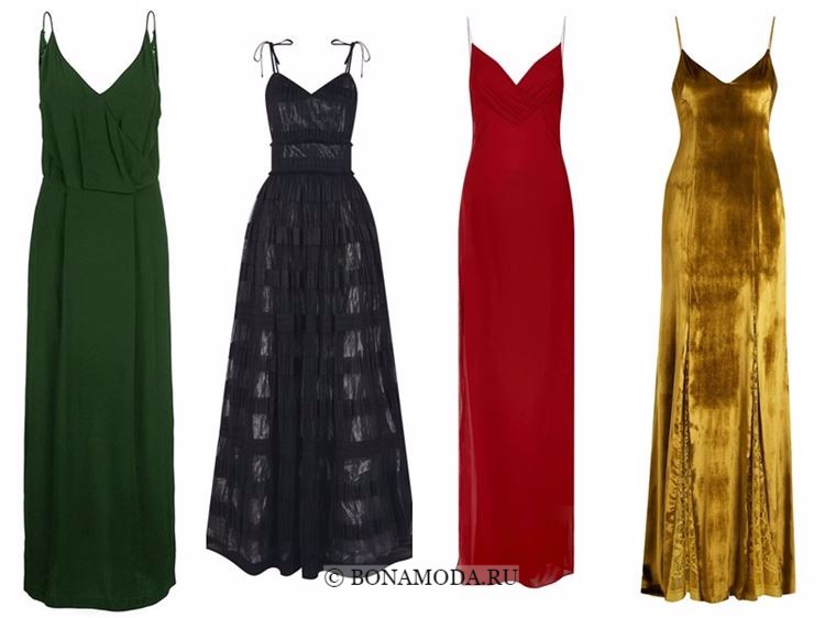 Модные вечерние платья 2018 - зеленый, черный, красный и золотой сарафан на тонких бретелях