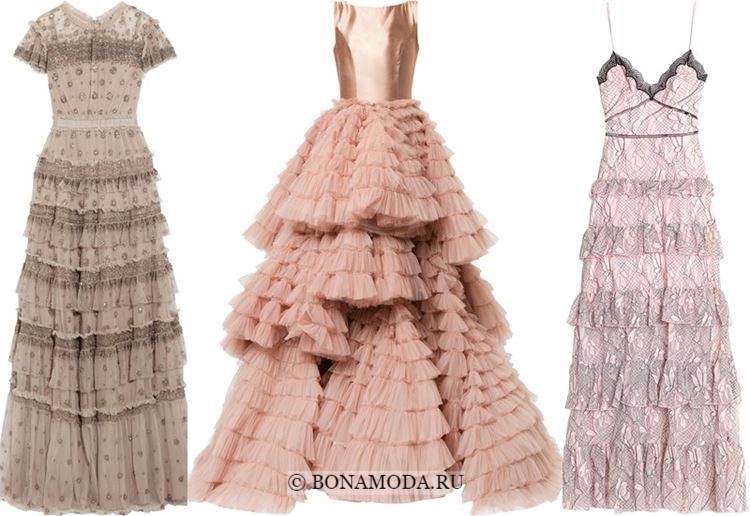 Модные вечерние платья 2018 - бежевые и розовые многоярусные с воланами