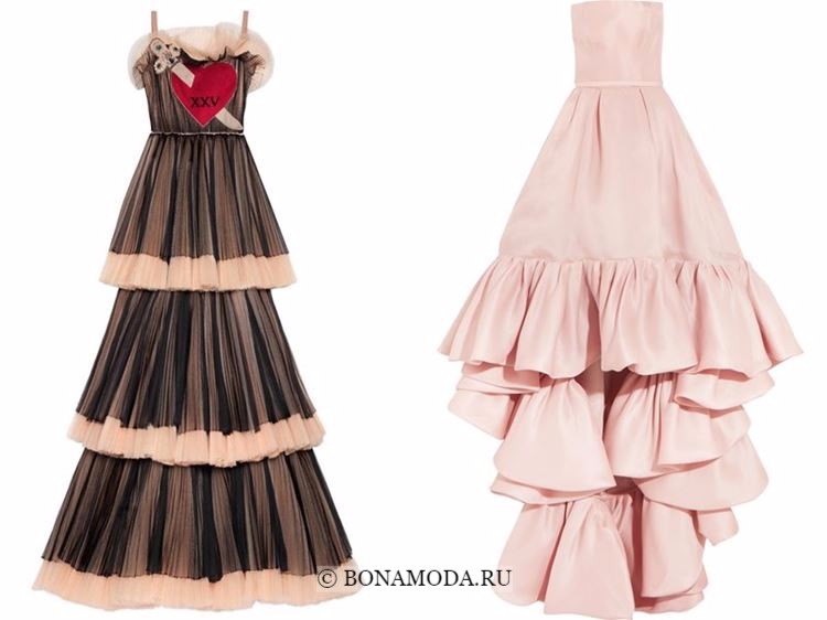 Модные вечерние платья 2018 - бежево-коричневое и розовое многоярусное с плиссировкой и воланами