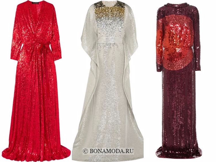 Модные вечерние платья 2018 - красные и белые с пайетками и длинными рукавами