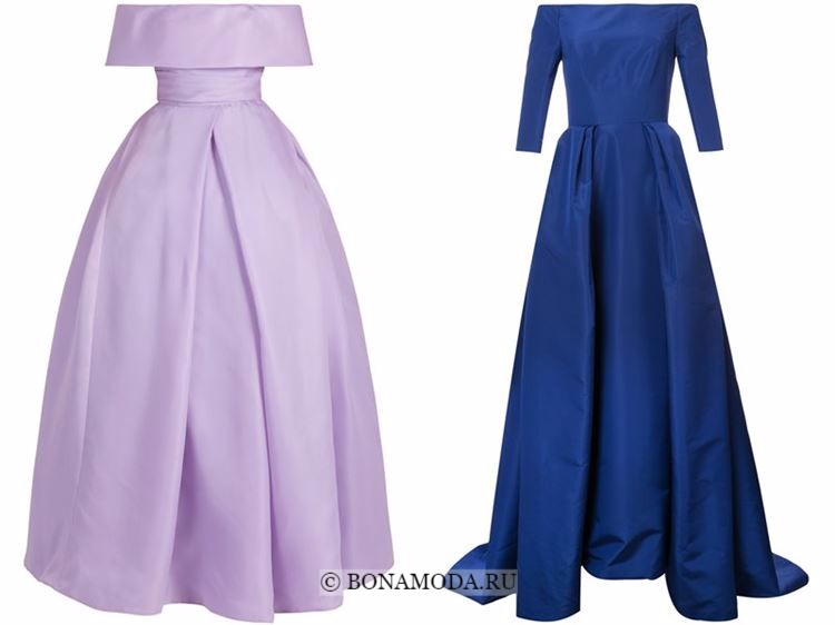 Модные вечерние платья 2018 - лиловое и синее приталенное с открытыми плечами