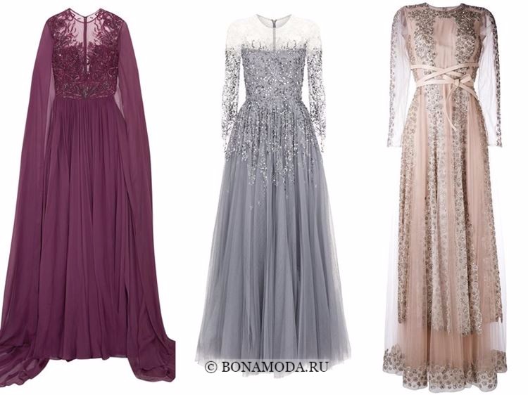 Модные вечерние платья 2018 - бордовое, серое и бежевое с вышивкой кристаллами