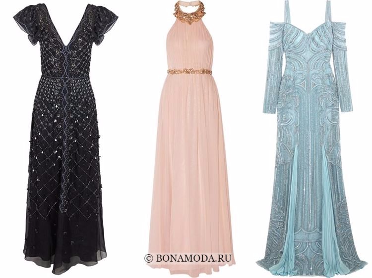 Модные вечерние платья 2018 - черное, персиковое и голубое с кристаллами