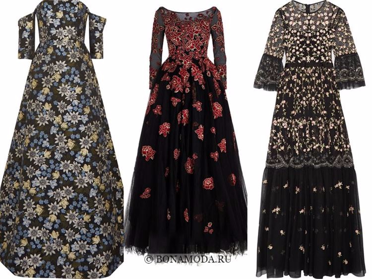 Модные вечерние платья 2018 - черные приталенные с цветочным узором