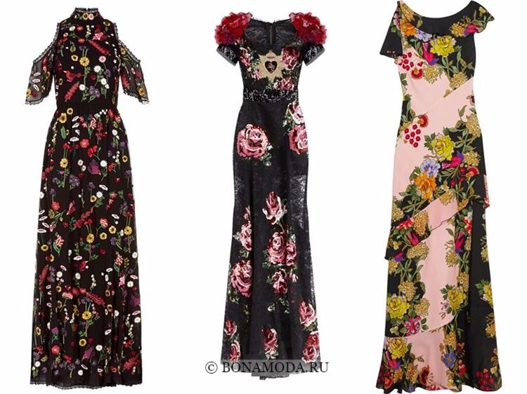 Модные вечерние платья 2018 - темные с цветочным принтом